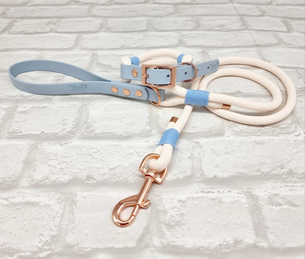 Premium Paracord Dog Collar & Dog Lead Set - Cream/Pastel Blue