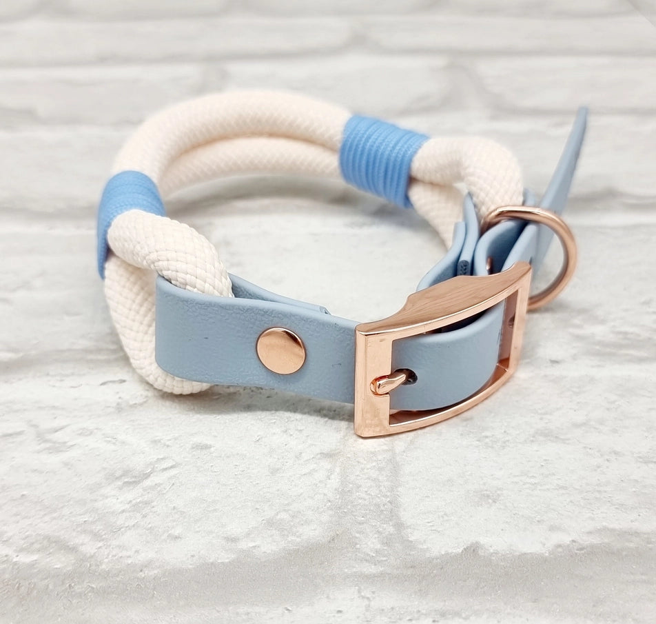 Premium Paracord Dog Collar & Dog Lead Set - Cream/Pastel Blue